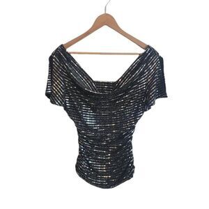 R&M Richards Sequin Ruched Draped Blouse Silver Black Lined Small